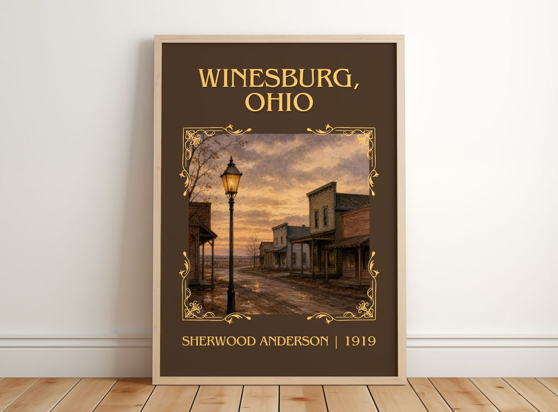Winesburg, Ohio Classic Book Art Print by Sherwood Anderson – framed print leaning on a wooden floor