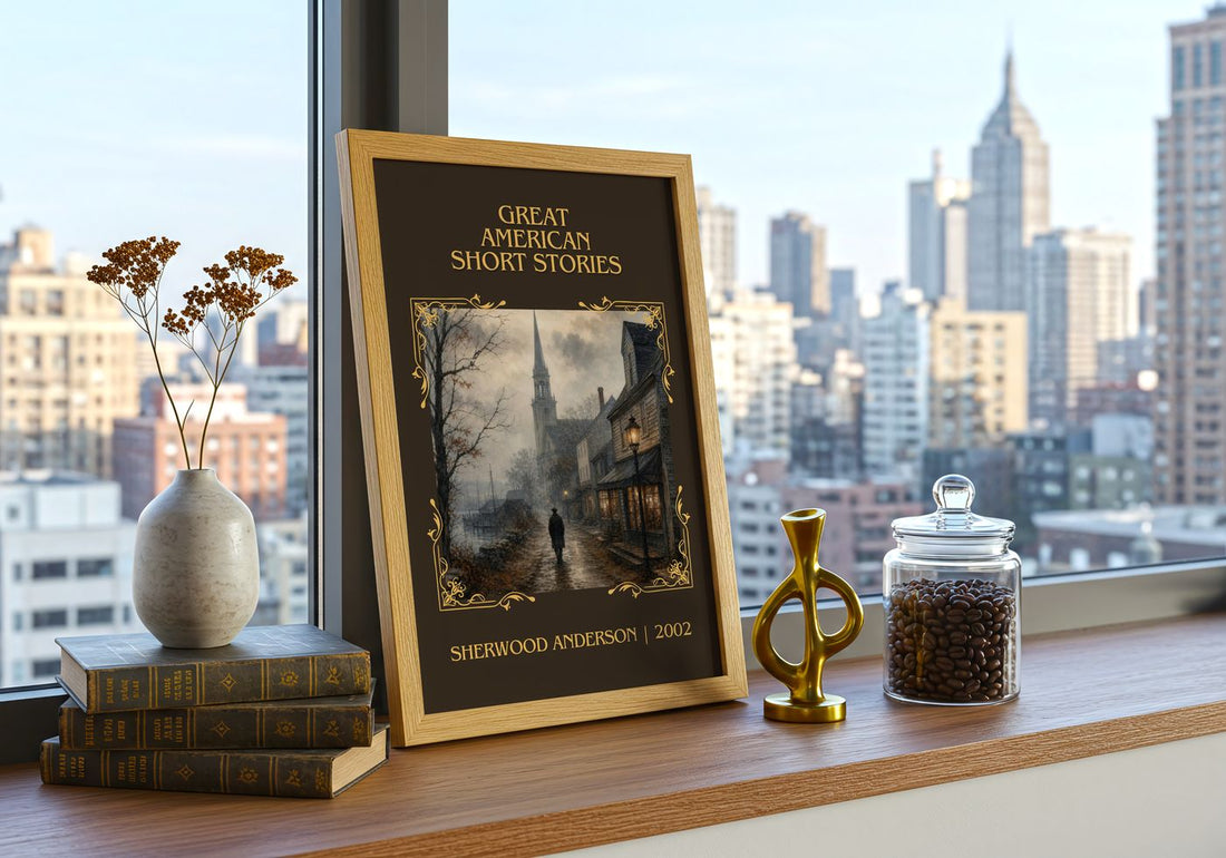 Great American Short Stories Classic Book Art Print by S. Anderson – framed print on a city-view windowsill