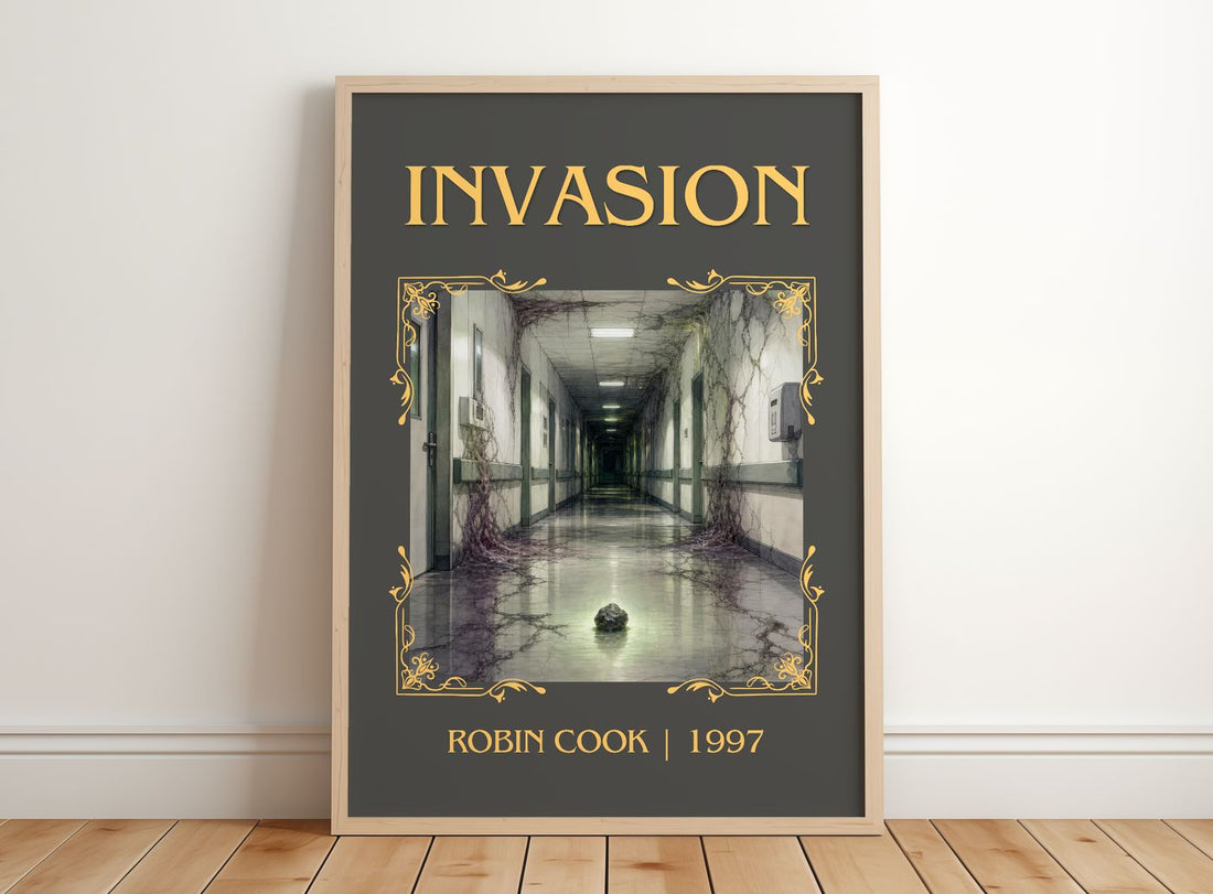 Invasion Classic Book Art Print by Robin Cook – framed print leaning on a wooden floor
