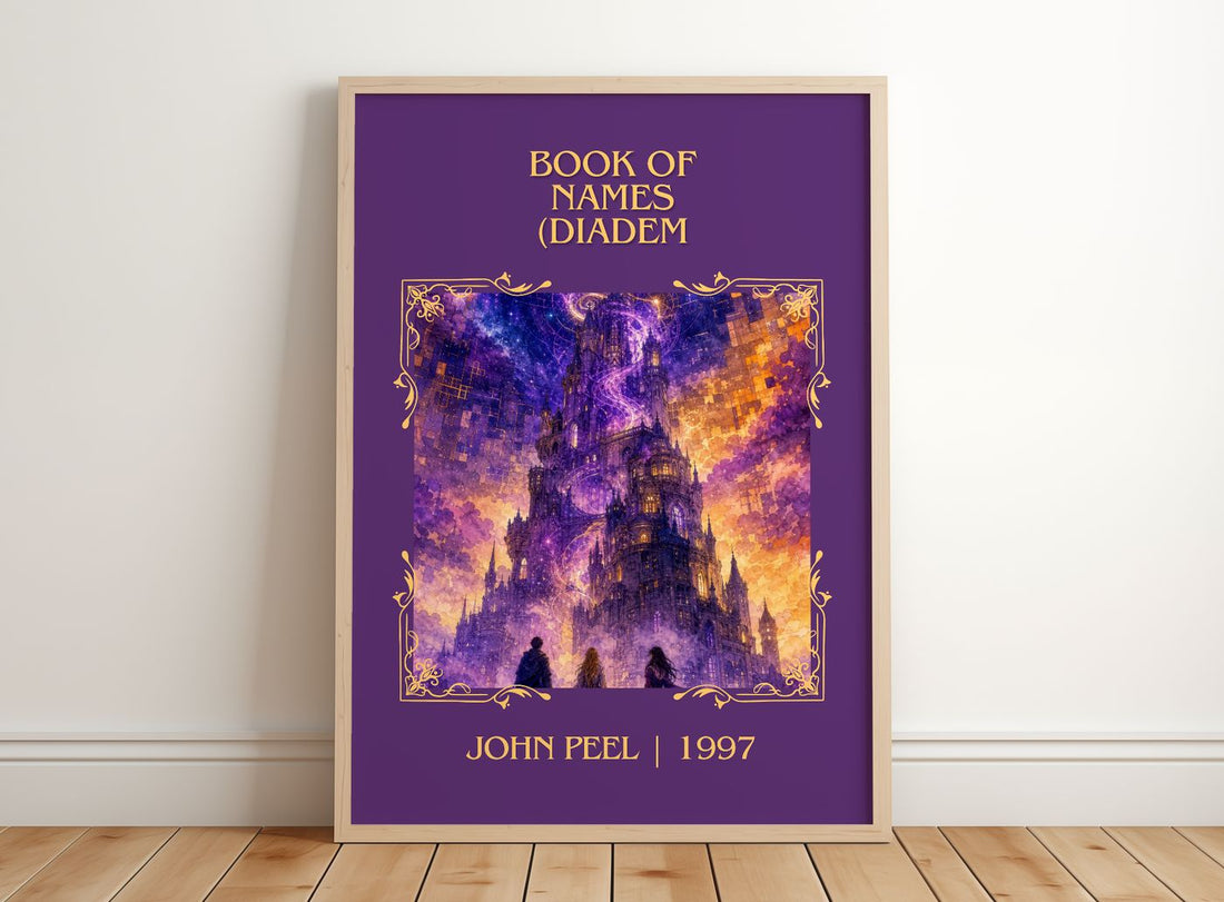 Book of Names (Diadem Classic Book Art Print by John Peel – framed print leaning on a wooden floor
