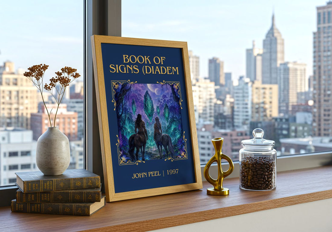 Book of Signs (Diadem Classic Book Art Print by John Peel – framed print on a city-view windowsill