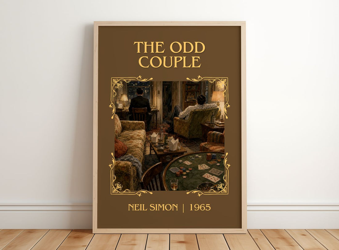 The odd couple Classic Book Art Print by Neil Simon – framed print leaning on a wooden floor