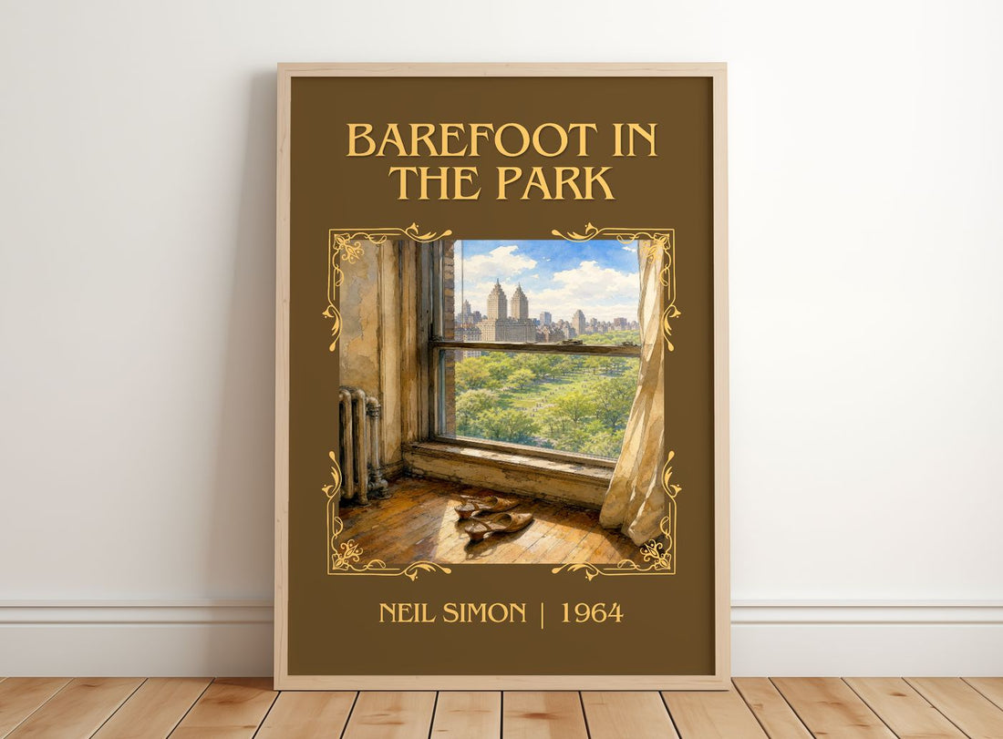 Barefoot in the park Classic Book Art Print by Neil Simon – framed print leaning on a wooden floor