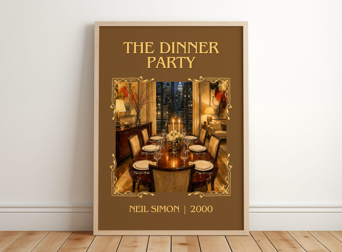 The Dinner Party Classic Book Art Print by Neil Simon – framed print leaning on a wooden floor