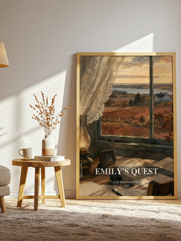 Emily'S Quest watercolour print in frame leaning in hallway – coming of age wall art