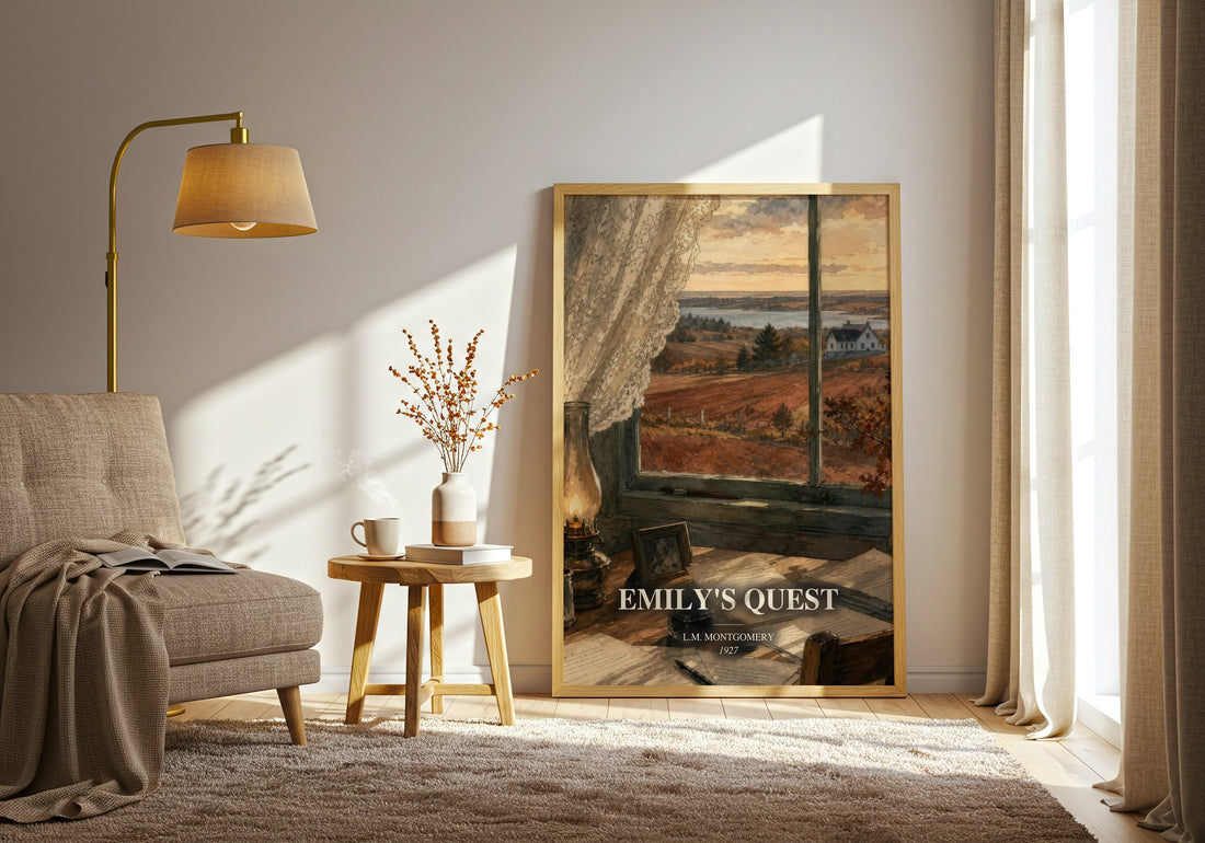 Emily'S Quest watercolour print in frame leaning in hallway – coming of age wall art (mockup)