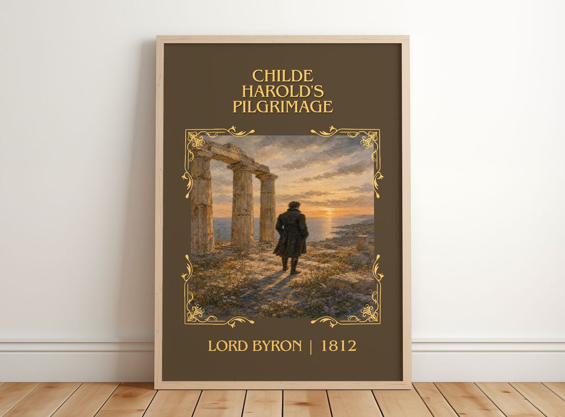Childe Harold's pilgrimage Classic Book Art Print by Lord Byron – framed print leaning on a wooden floor