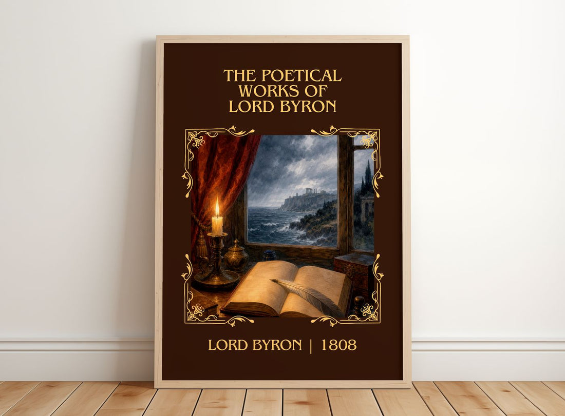 The poetical works of Lord Byron Classic Book Art Print by Lord Byron – framed print leaning on a wooden floor