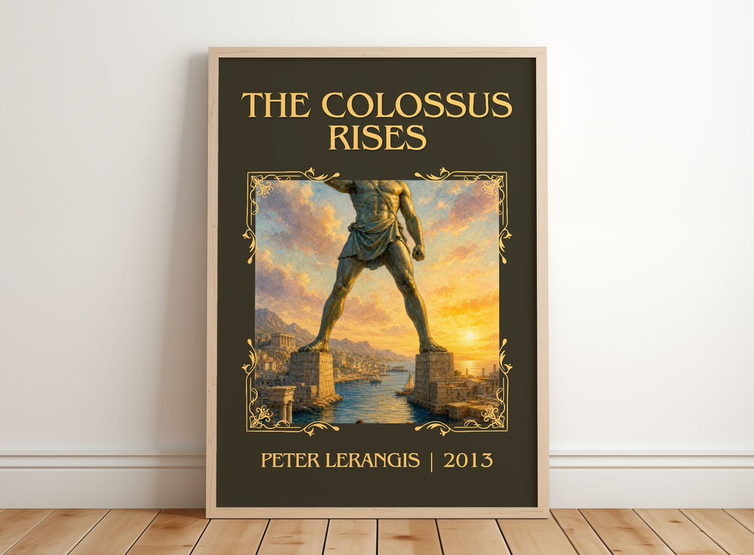 The colossus rises Classic Book Art Print by Peter Lerangis – framed print leaning on a wooden floor