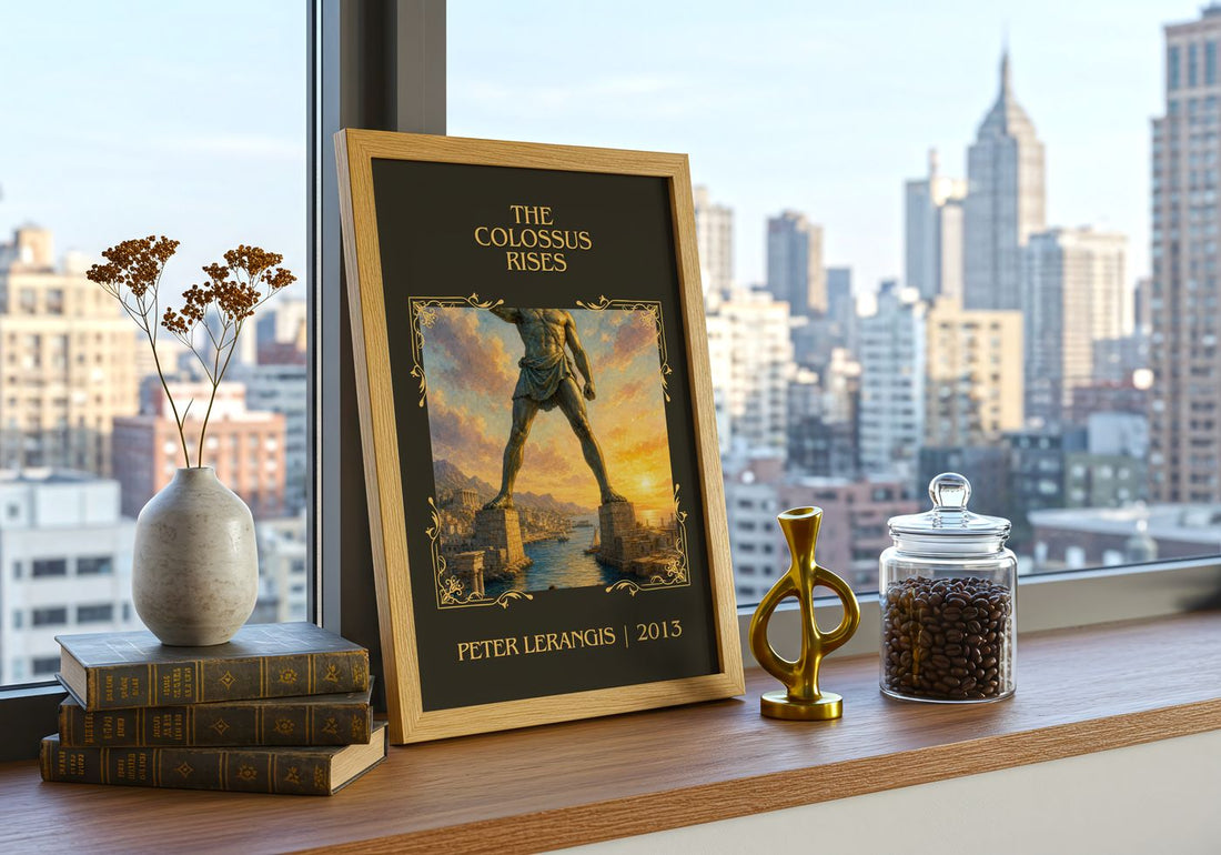 The colossus rises Classic Book Art Print by Peter Lerangis – framed print on a city-view windowsill