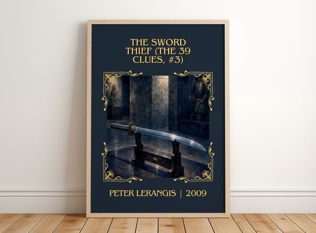 Sword Thief (The 39 Clues, #3) Classic Book Art Print by P. Lerangis – framed print leaning on a wooden floor