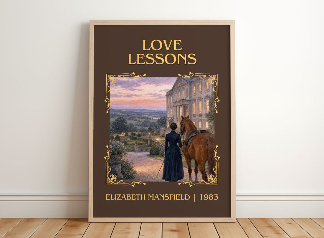 Love Lessons Classic Book Art Print by Elizabeth Mansfield – framed print leaning on a wooden floor