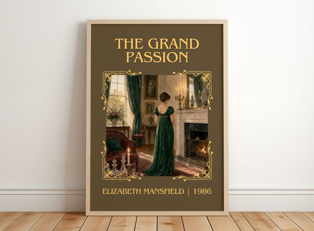 The Grand Passion Classic Book Art Print by Elizabeth Mansfield – framed print leaning on a wooden floor