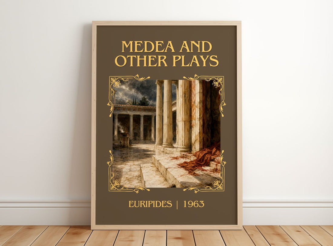 Medea and other plays Classic Book Art Print by Euripides – framed print leaning on a wooden floor