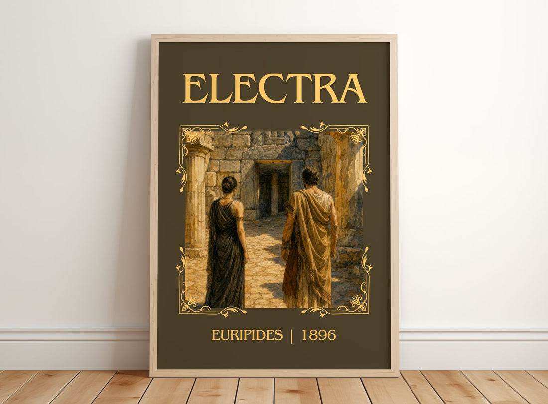 Electra Classic Book Art Print by Euripides – framed print leaning on a wooden floor