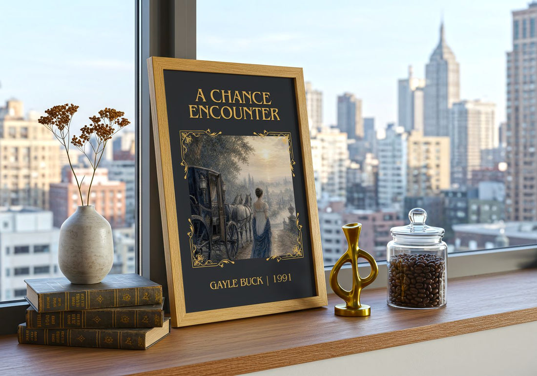 A Chance Encounter Classic Book Art Print by Gayle Buck – framed print on a city-view windowsill