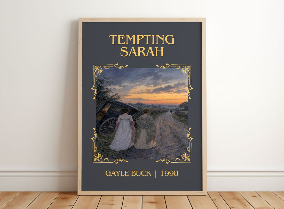 Tempting Sarah Classic Book Art Print by Gayle Buck – framed print leaning on a wooden floor