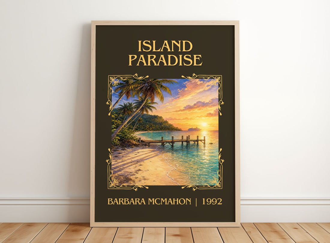 Island Paradise Classic Book Art Print by Barbara McMahon – framed print leaning on a wooden floor