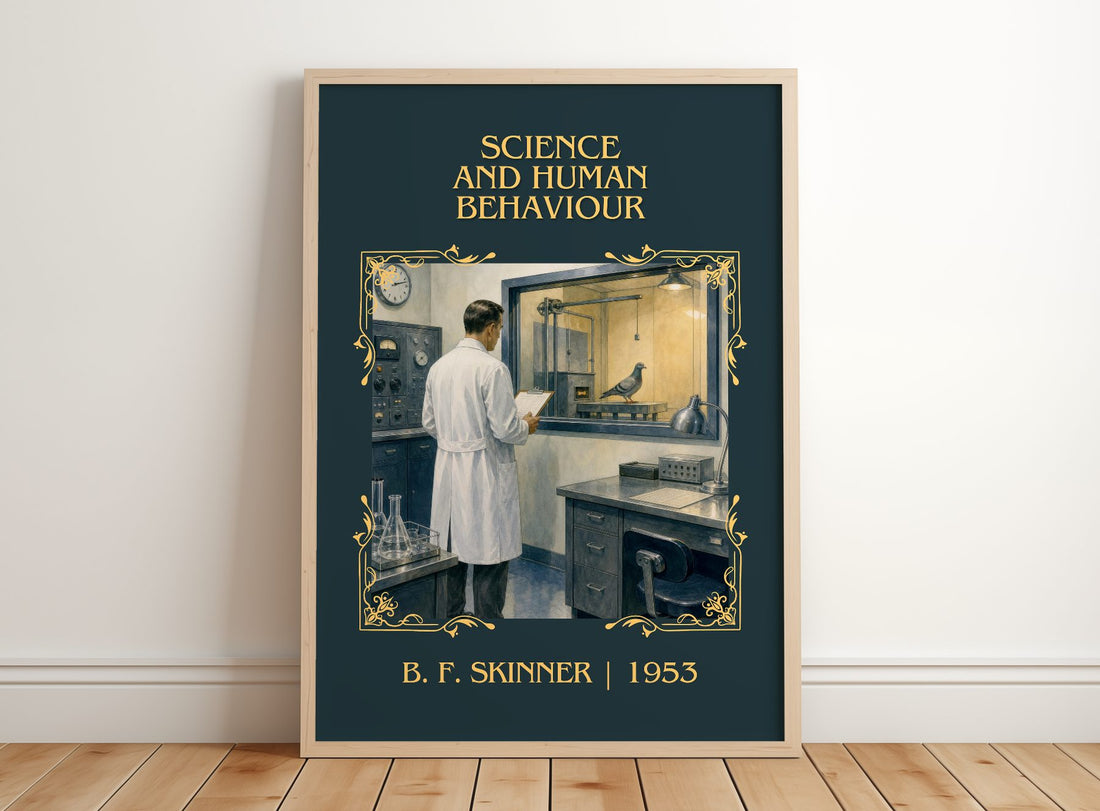 Science and human behaviour Classic Book Art Print by B. F. Skinner – framed print leaning on a wooden floor