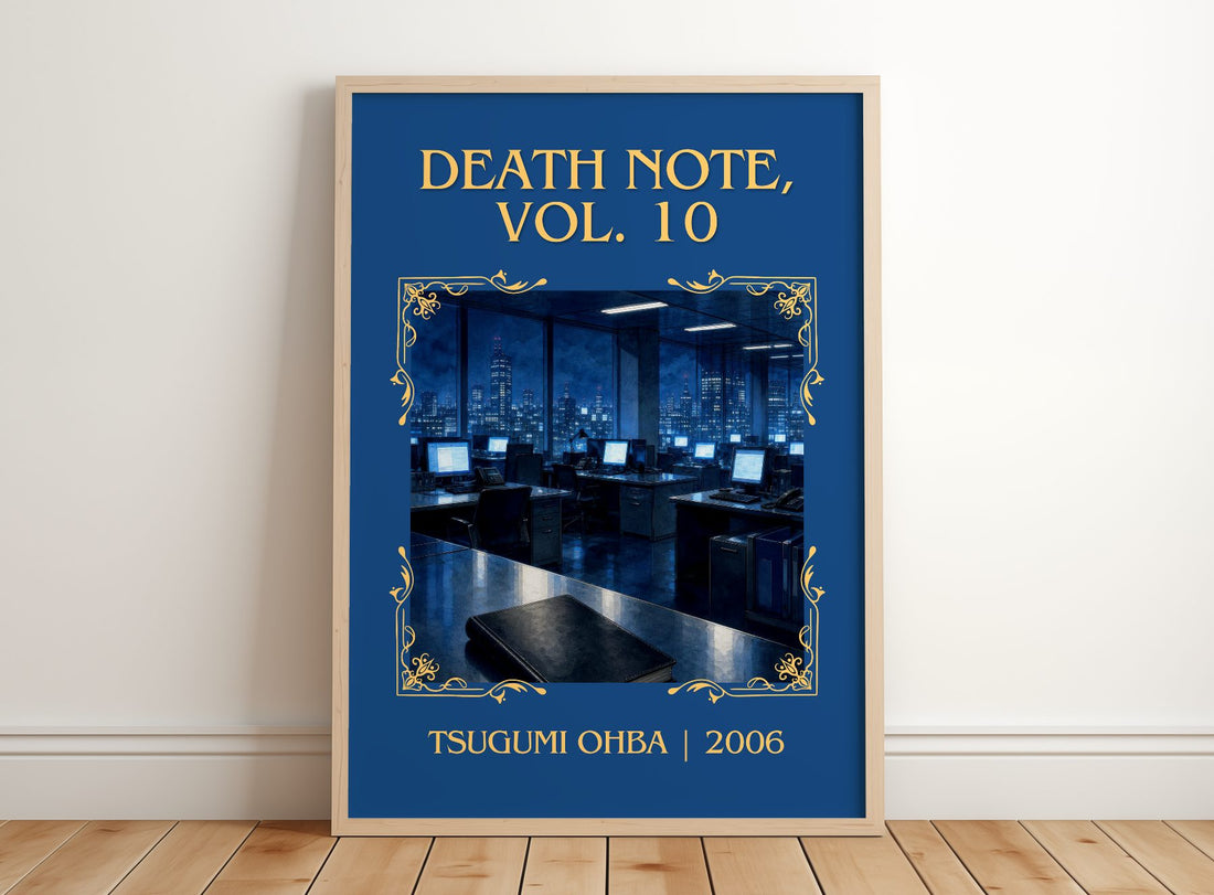 Death Note, Vol. 10 Classic Book Art Print by Tsugumi Ohba – framed print leaning on a wooden floor