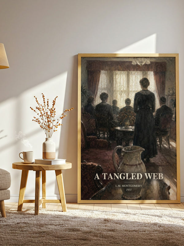 A Tangled Web watercolour print in frame leaning in hallway – historical fiction wall art