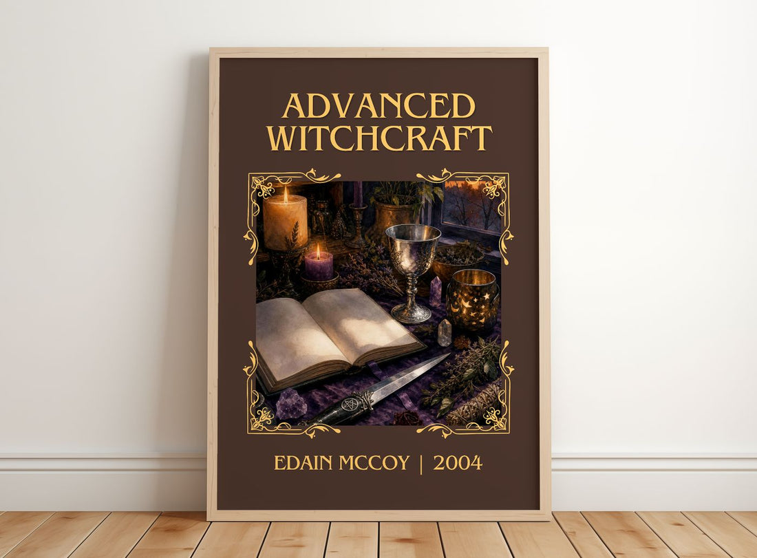 Advanced Witchcraft Classic Book Art Print by Edain McCoy – framed print leaning on a wooden floor