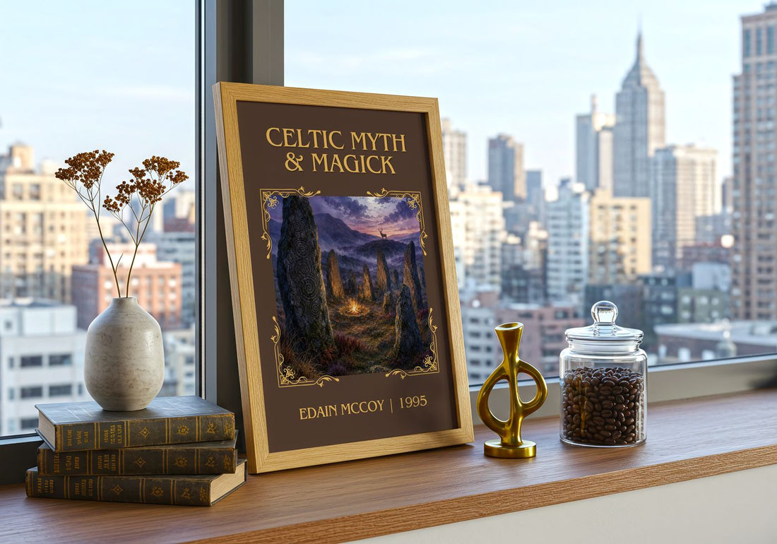 Celtic Myth & Magick Classic Book Art Print by Edain McCoy – framed print on a city-view windowsill