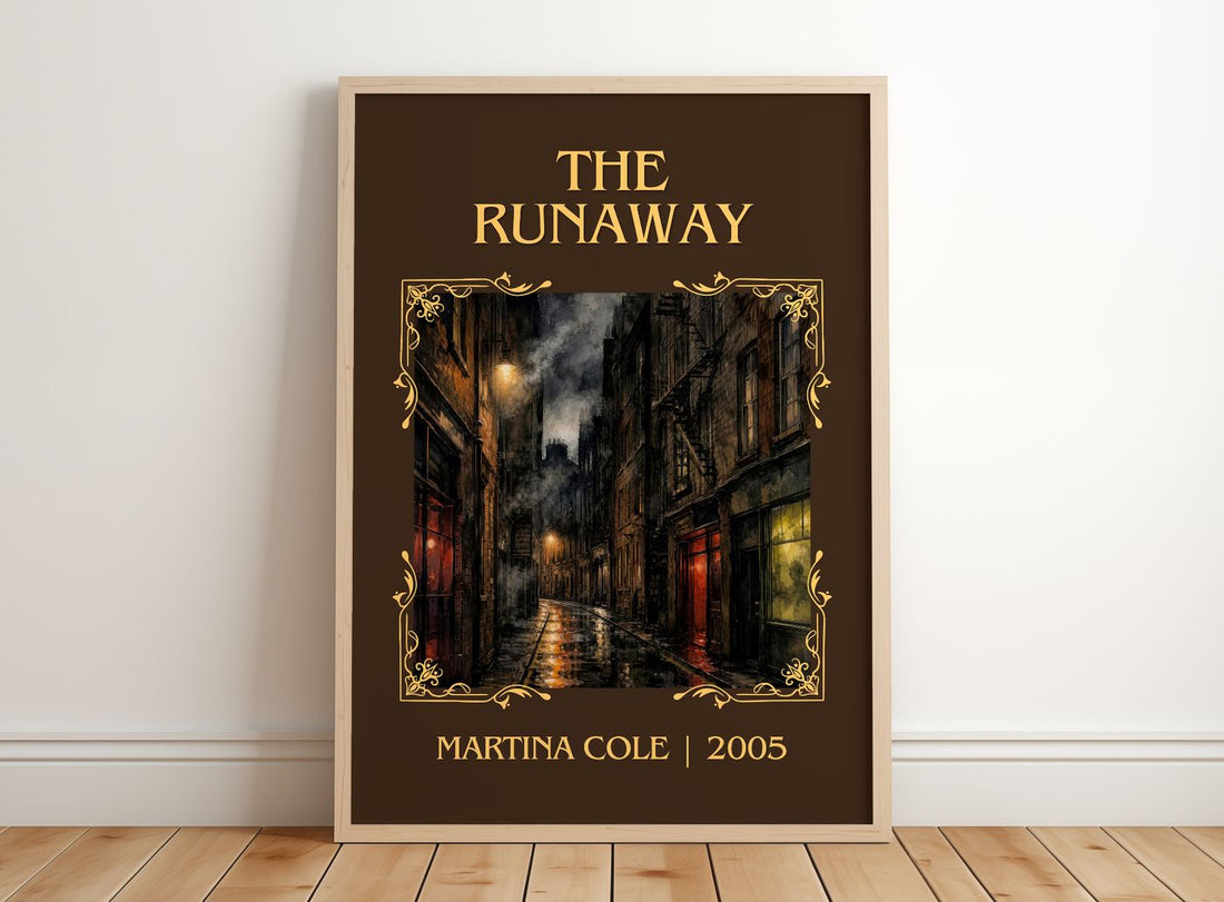 The runaway Classic Book Art Print by Martina Cole – framed print leaning on a wooden floor