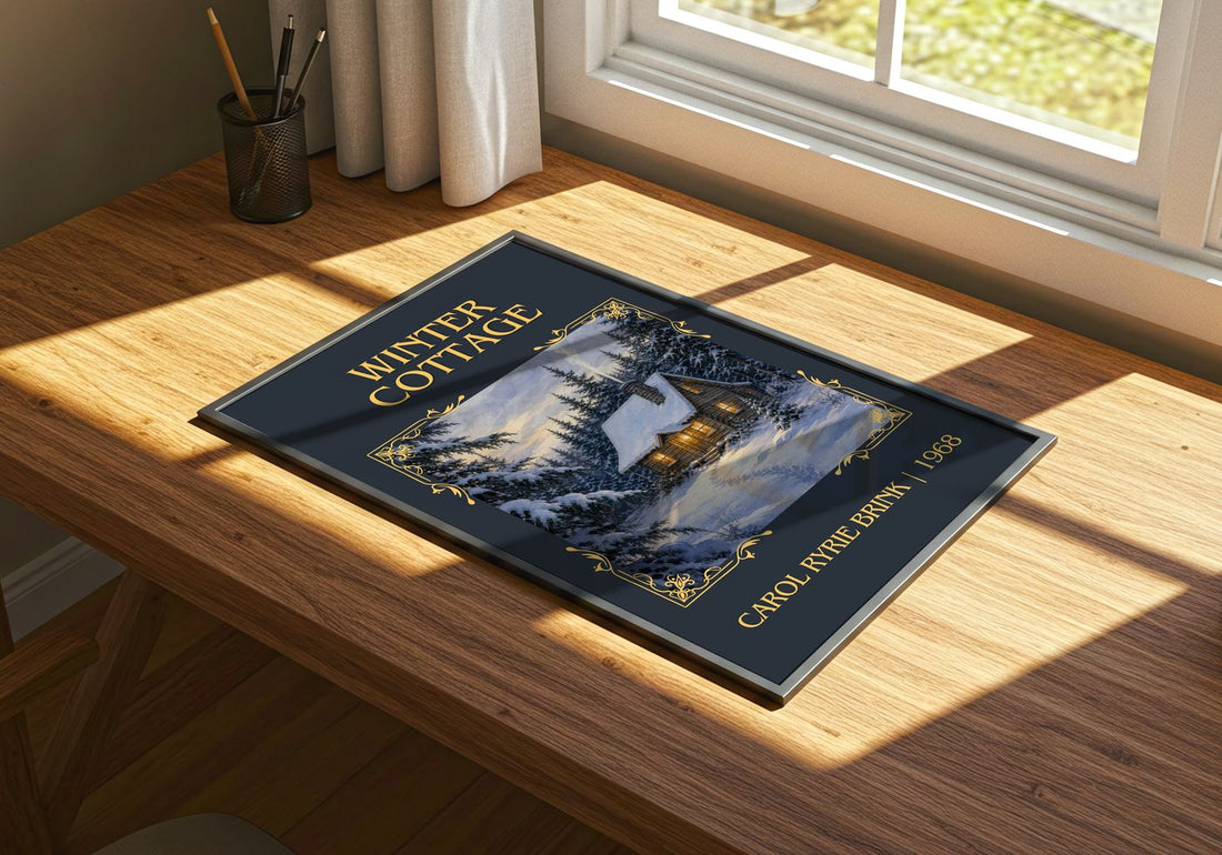 Winter Cottage Classic Book Art Print by Carol Ryrie Brink – print on a sunlit desk