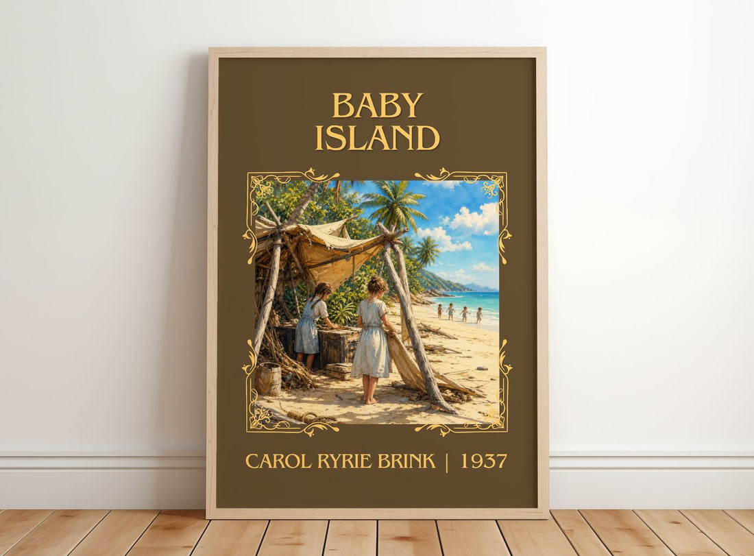 Baby Island Classic Book Art Print by Carol Ryrie Brink – framed print leaning on a wooden floor