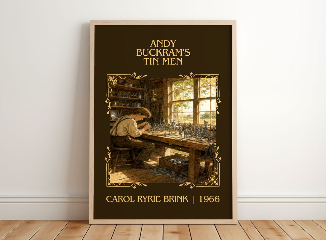 Andy Buckram's Tin Men Classic Book Art Print by Carol Ryrie Brink – framed print leaning on a wooden floor