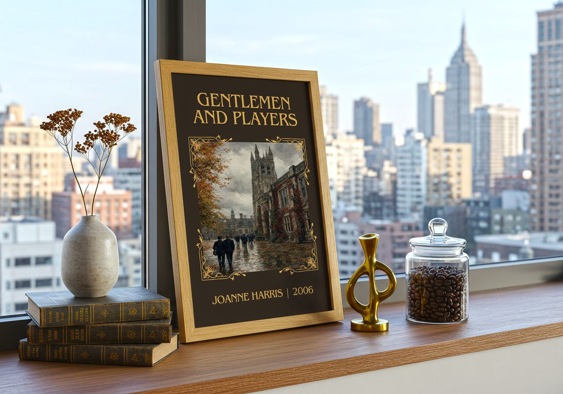 Gentlemen and players Classic Book Art Print by Joanne Harris – framed print on a city-view windowsill