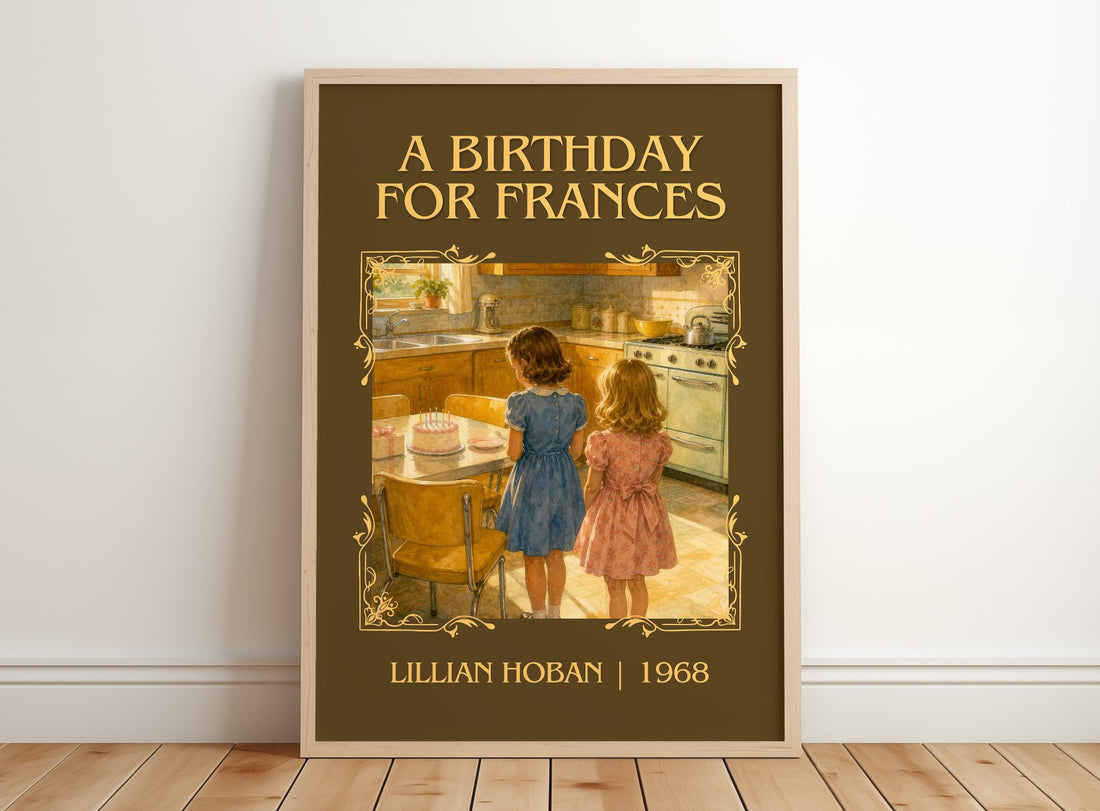 A birthday for Frances Classic Book Art Print by Lillian Hoban – framed print leaning on a wooden floor