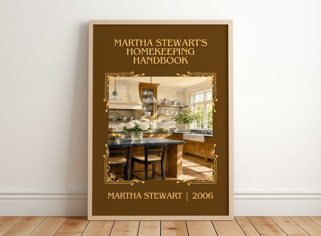 Martha Stewart's Homekeeping Handbook Classic Book Art Print by Martha Stewart – framed print leaning on a wooden floor