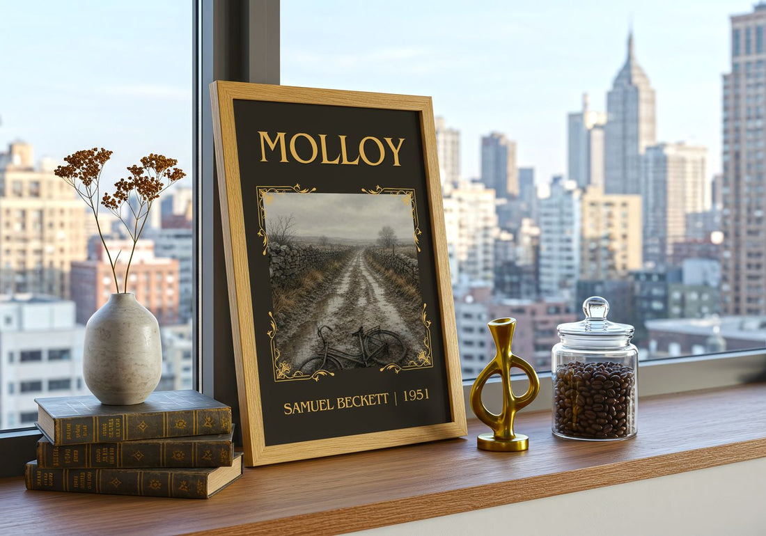 Molloy Classic Book Art Print by Samuel Beckett – framed print on a city-view windowsill