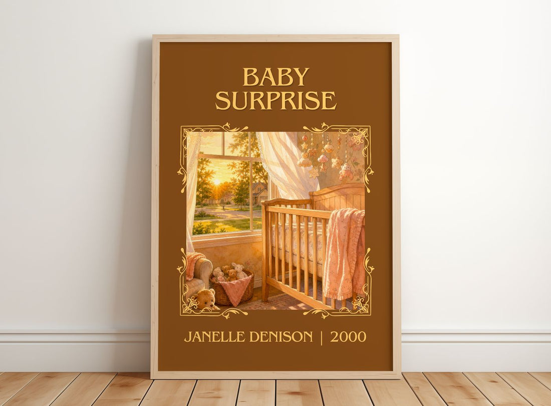 Baby Surprise Classic Book Art Print by Janelle Denison – framed print leaning on a wooden floor