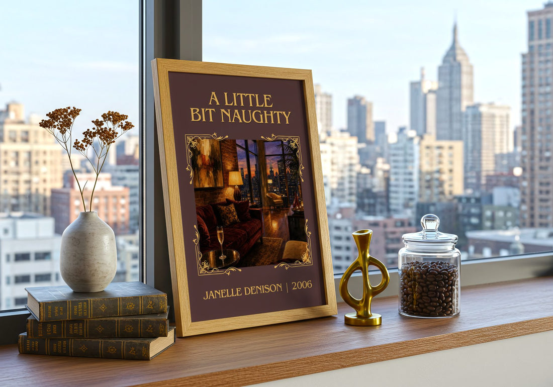 A Little Bit Naughty Classic Book Art Print by Janelle Denison – framed print on a city-view windowsill