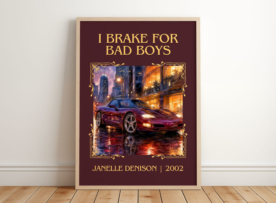I brake for bad boys Classic Book Art Print by Janelle Denison – framed print leaning on a wooden floor