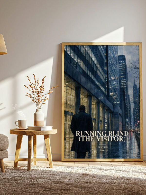 Running Blind (The Visitor) watercolour print in frame leaning in hallway – thriller wall art