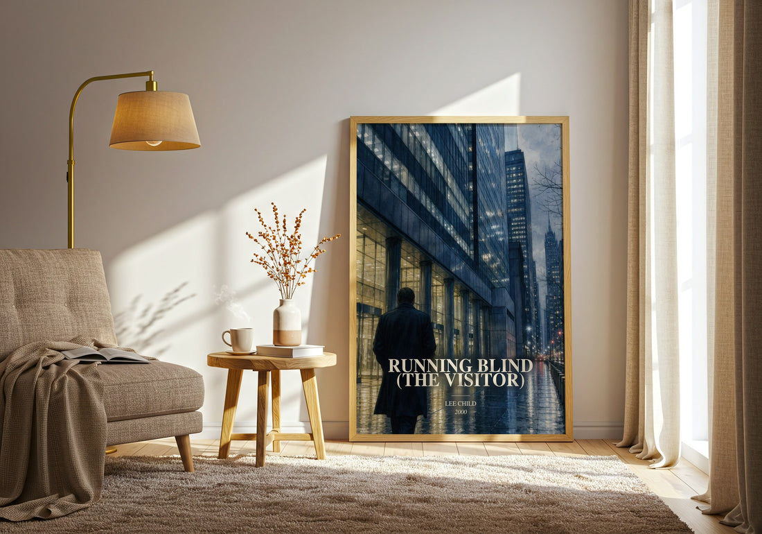 Running Blind (The Visitor) watercolour print in frame leaning in hallway – thriller wall art (mockup)