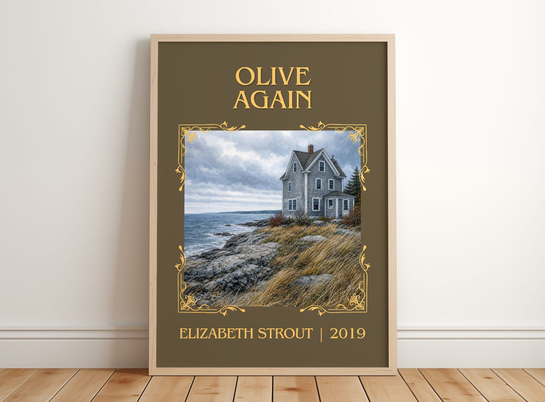 Olive Again Classic Book Art Print by Elizabeth Strout – framed print leaning on a wooden floor