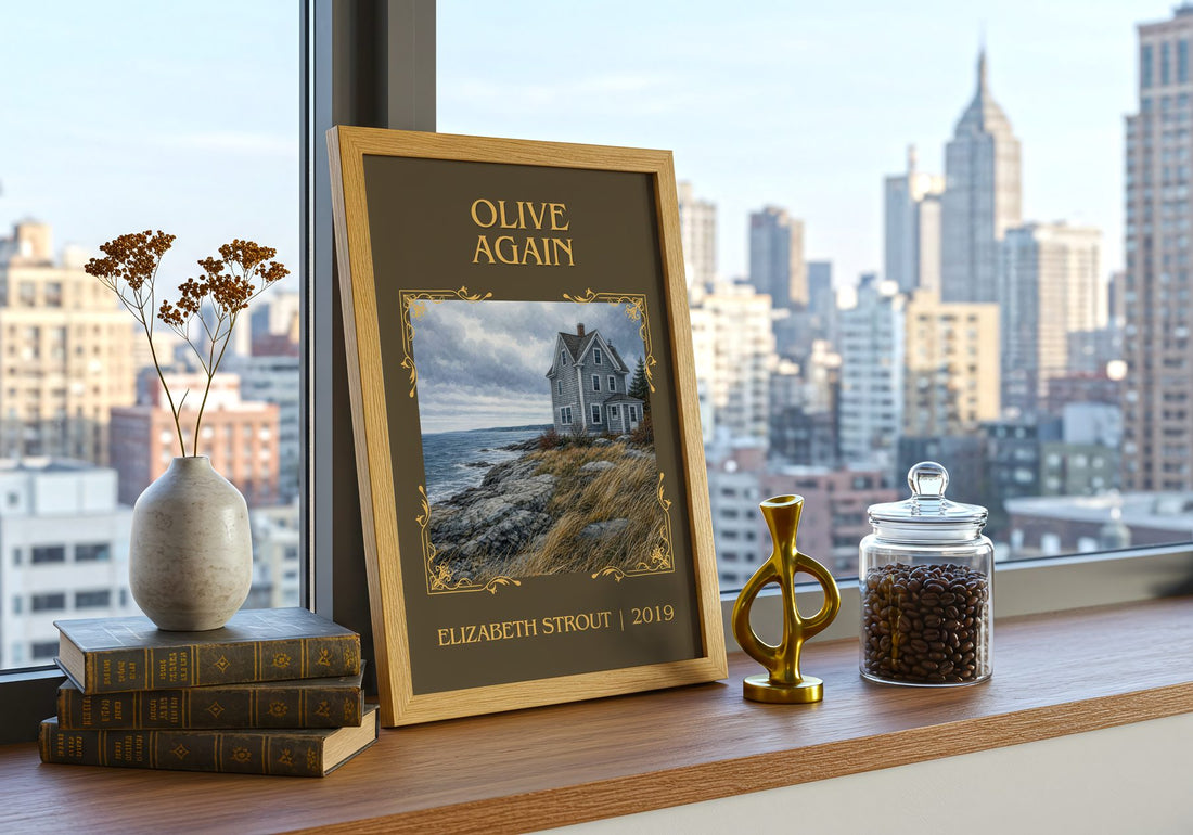 Olive Again Classic Book Art Print by Elizabeth Strout – framed print on a city-view windowsill