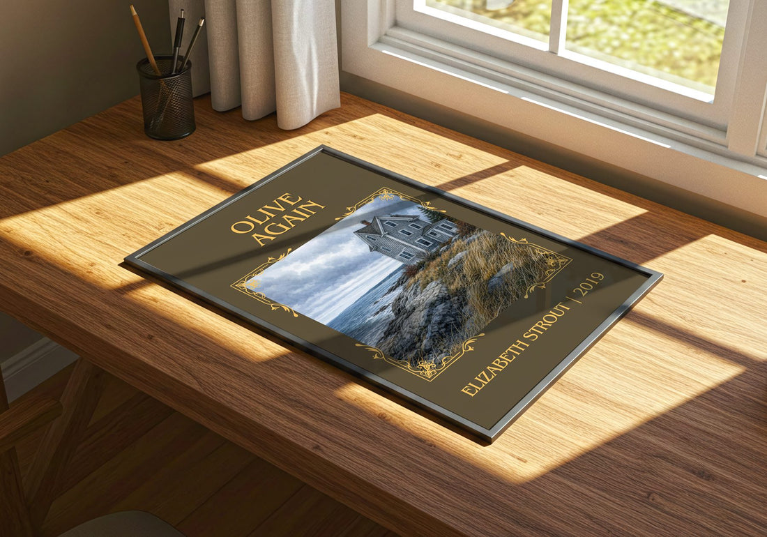 Olive Again Classic Book Art Print by Elizabeth Strout – print on a sunlit desk