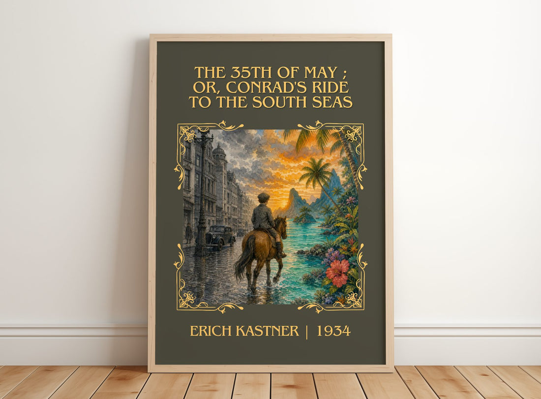 The 35th of May ; or, Conrad's ride to the South seas Classic Book Art Print by Erich Kästner – framed print leaning on a wooden floor
