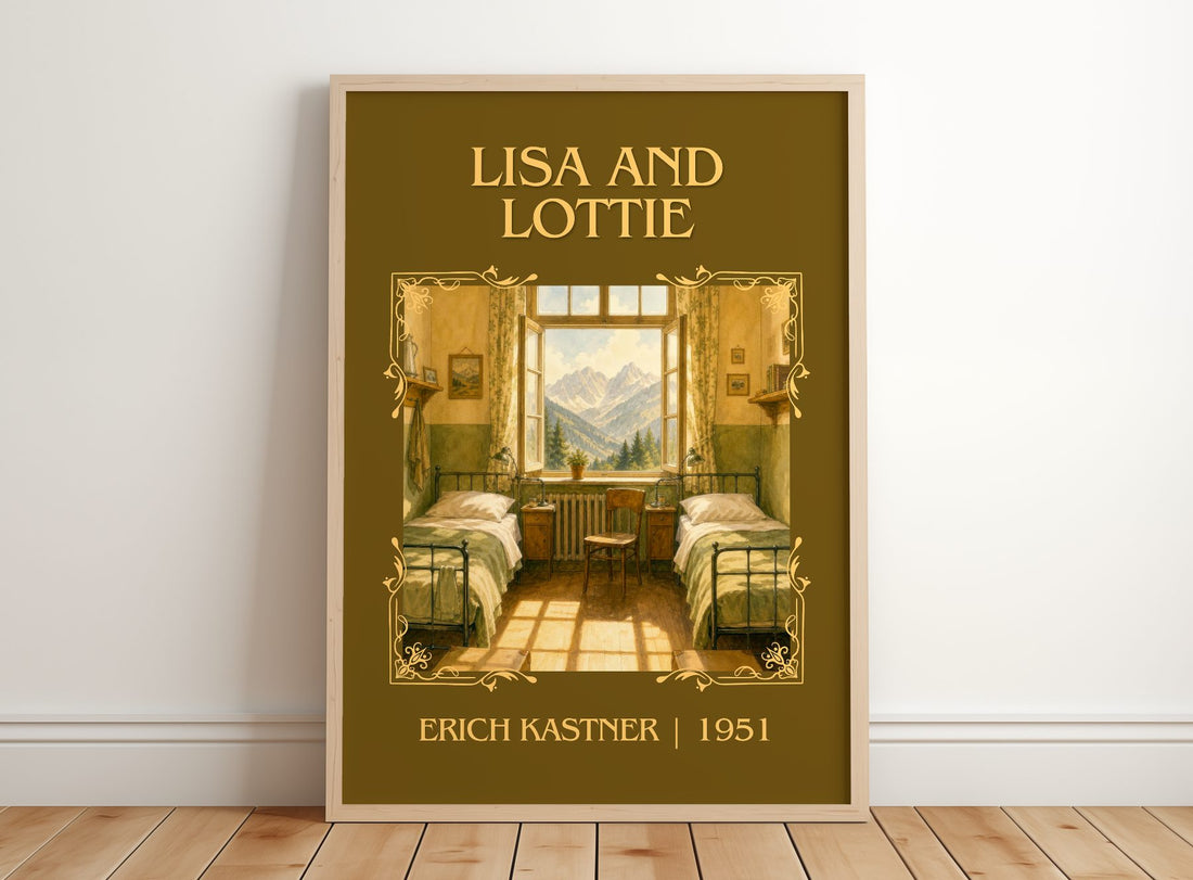 Lisa and Lottie Classic Book Art Print by Erich Kästner – framed print leaning on a wooden floor