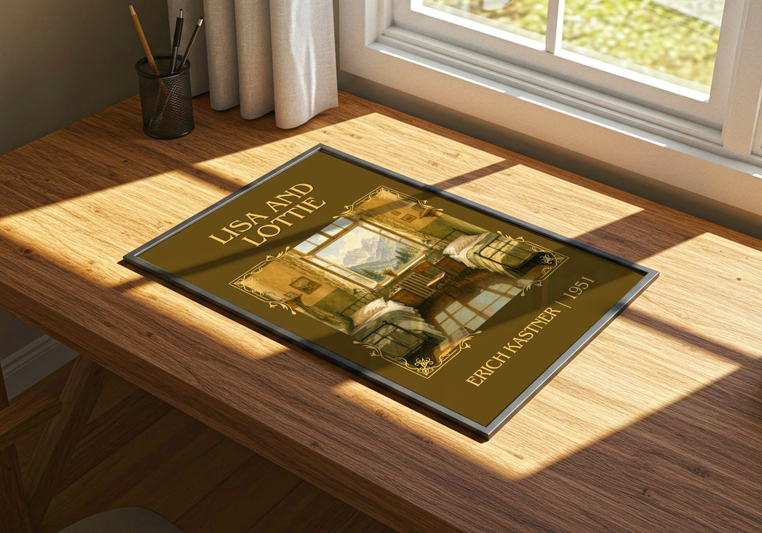 Lisa and Lottie Classic Book Art Print by Erich Kästner – print on a sunlit desk