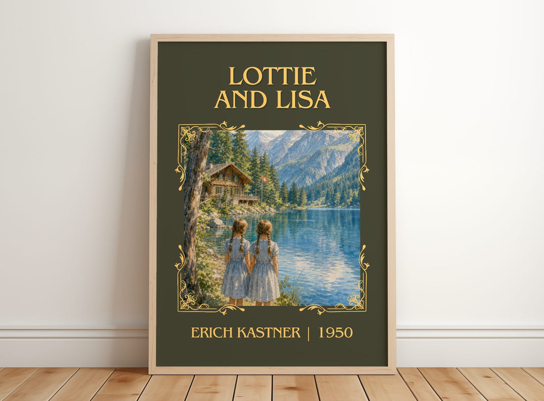 Lottie and Lisa Classic Book Art Print by Erich Kästner – framed print leaning on a wooden floor