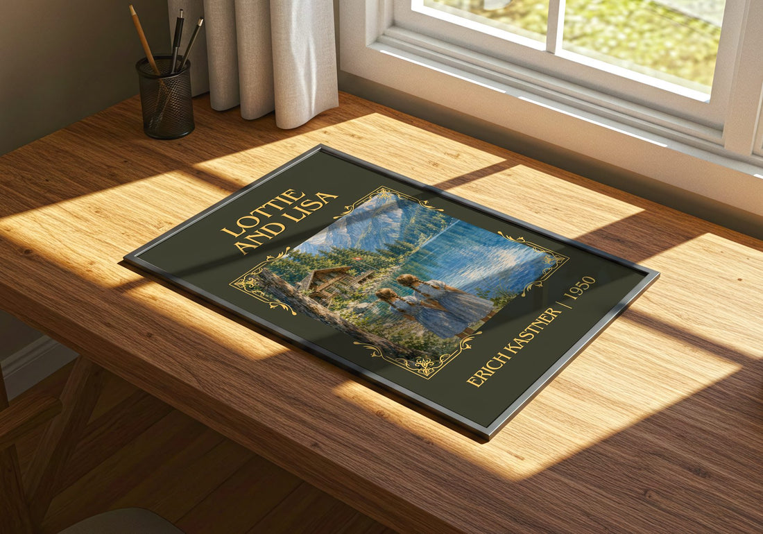 Lottie and Lisa Classic Book Art Print by Erich Kästner – print on a sunlit desk