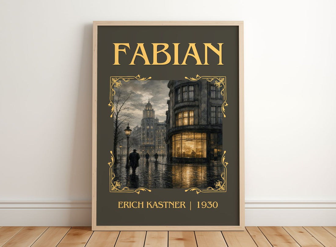 Fabian Classic Book Art Print by Erich Kästner – framed print leaning on a wooden floor