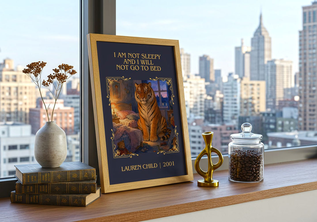 I Am Not Sleepy and I Will Not Go to Bed Classic Book Art Print by Lauren Child – framed print on a city-view windowsill